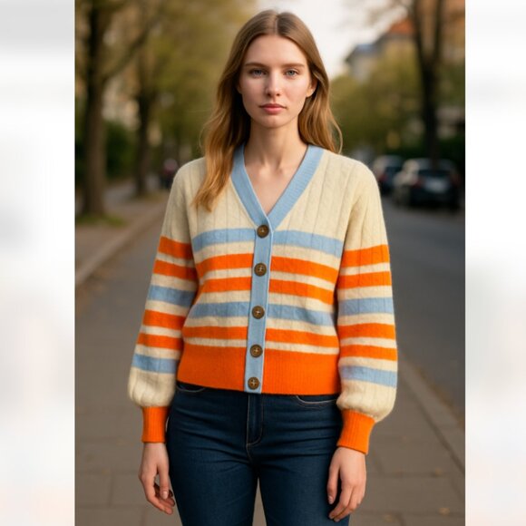 NWT Frnch Paris Margarida Cardigan Multicolor Wool Blend Stripe - Picture 1 of 10